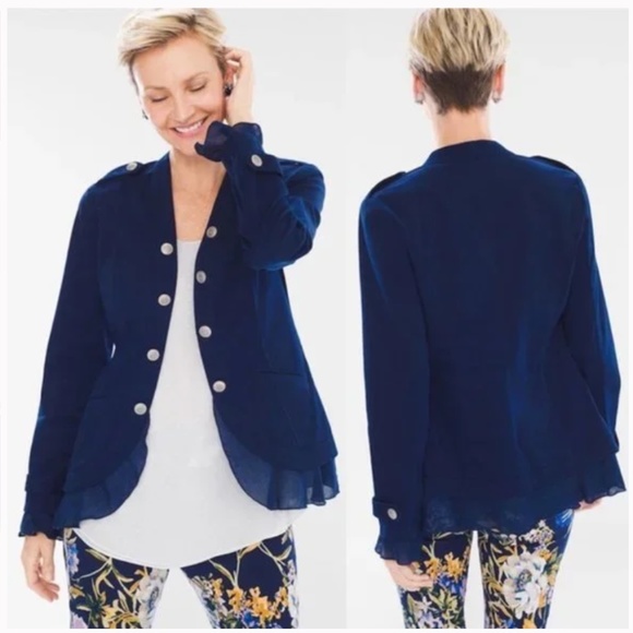 Chico's Romantic Chiffon Ruffle Hem Military Jacket Blue Stretch Sz 0 NWT - Picture 1 of 6